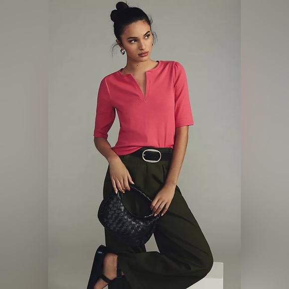 Anthropologie Tops - Anthropologie Maeve Split-Neck Top Bright Pink Large